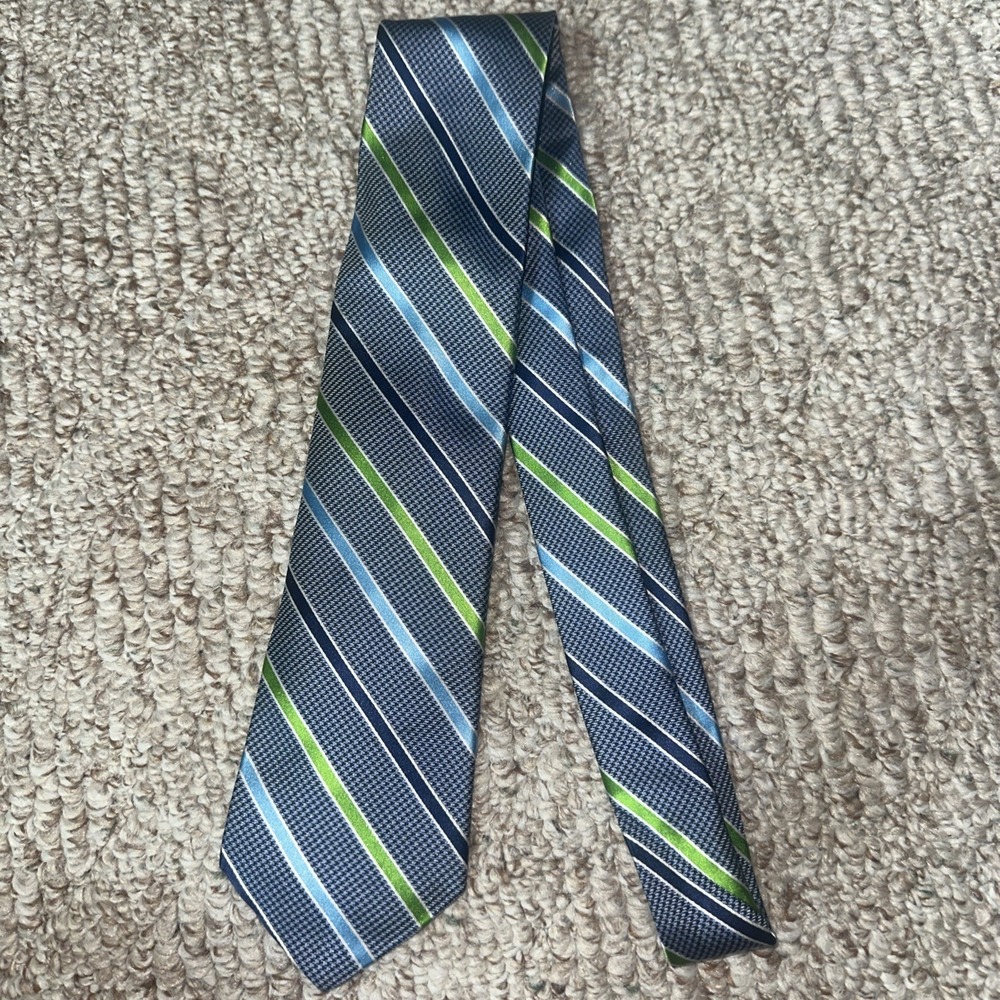 Mens Michelsons Neck Tie Blue Green ‎ Striped Sevenfold Silk Neckwear EUC